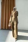 Sare Fashion Asymmetrical Striped Linen Set with Woven Necklace, Khaki