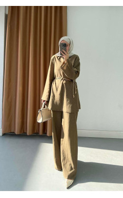 Sare Fashion Asymmetrical Striped Linen Set with Woven Necklace, Khaki