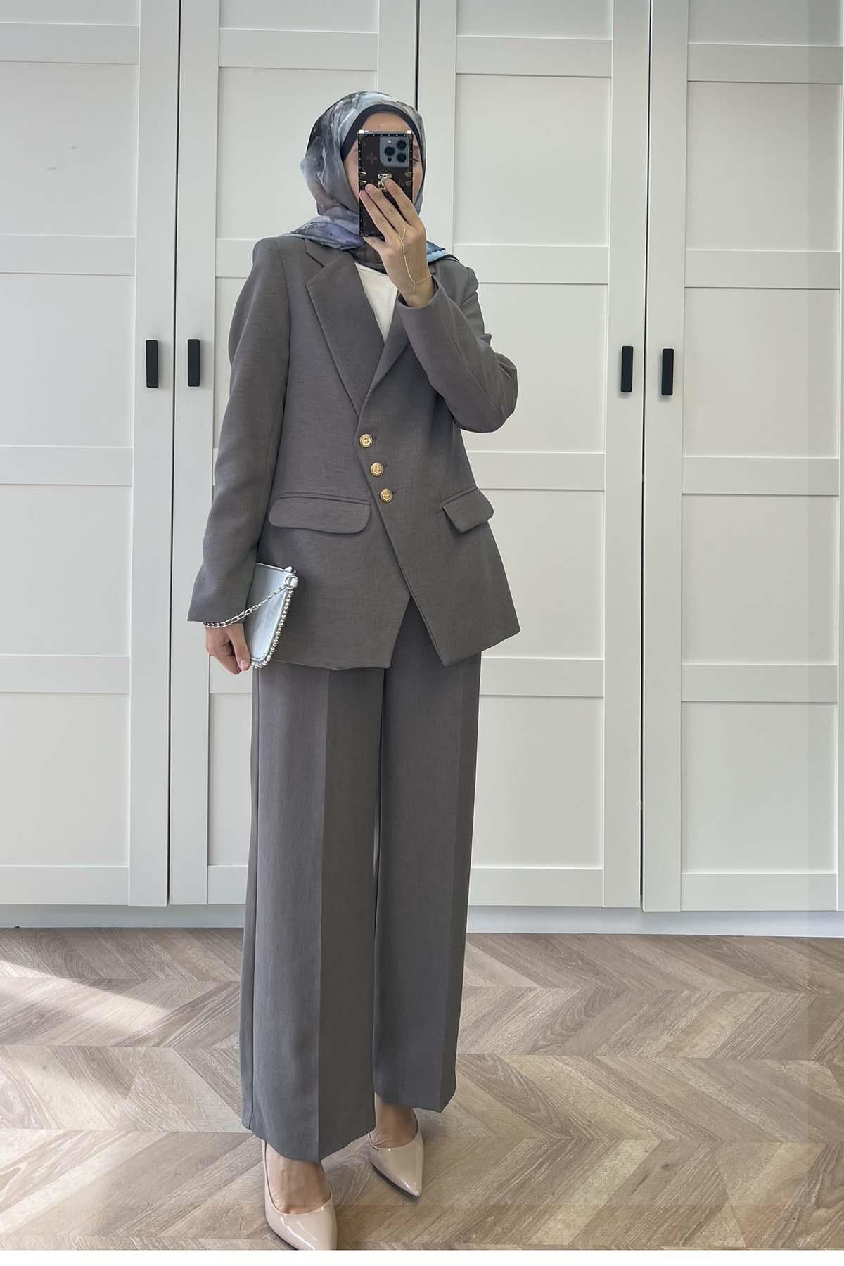 Sare Fashion Asymmetric Cut Lined Jacket Set Gray