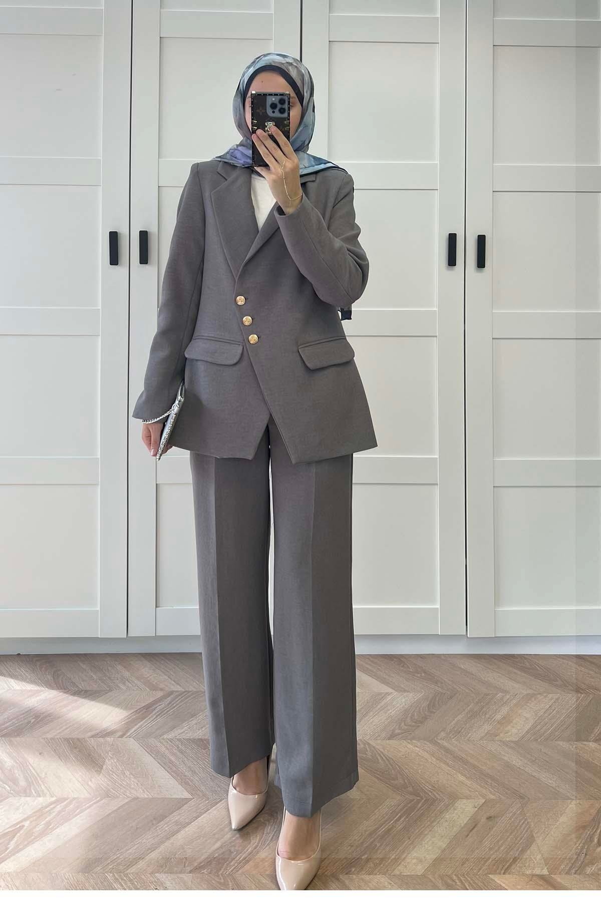 Sare Fashion Asymmetric Cut Lined Jacket Set Gray