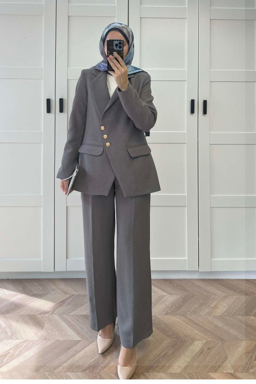 Sare Fashion Asymmetric Cut Lined Jacket Set Gray Sare Fashion Asymmetric Cut Lined Jacket Set Gray