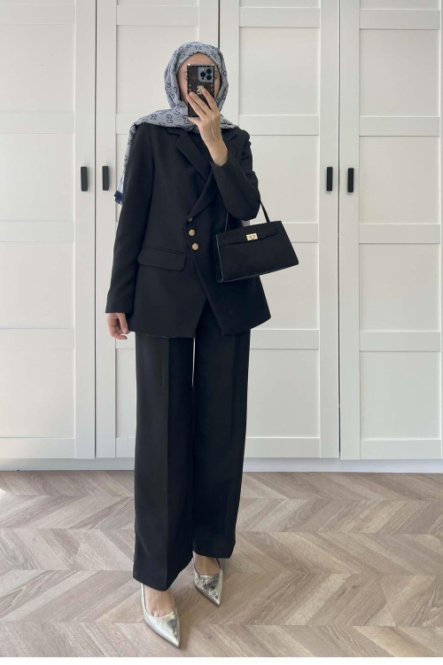 Sare Fashion Asymmetric Cut Lined Jacket Set Black Sare Fashion Asymmetric Cut Lined Jacket Set Black