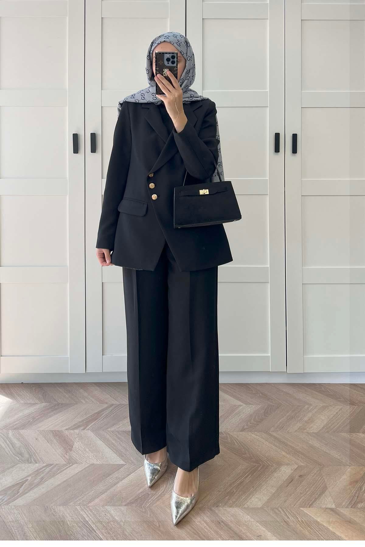 Sare Fashion Asymmetric Cut Lined Jacket Set Black