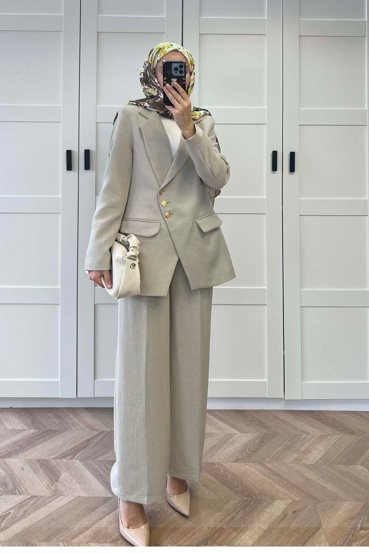 Sare Fashion Asymmetric Cut Lined Jacket Set Stone