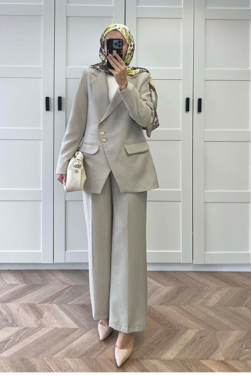 Sare Fashion Asymmetric Cut Lined Jacket Set Stone