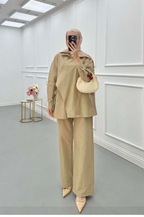 Sare Fashion Asymmetric Cut Waist Tie Suit Camel