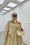 Sare Fashion Asymmetric Cut Waist Tie Suit Camel