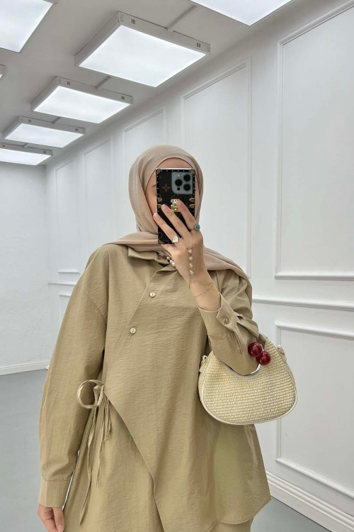 Sare Fashion Asymmetric Cut Waist Tie Suit Camel