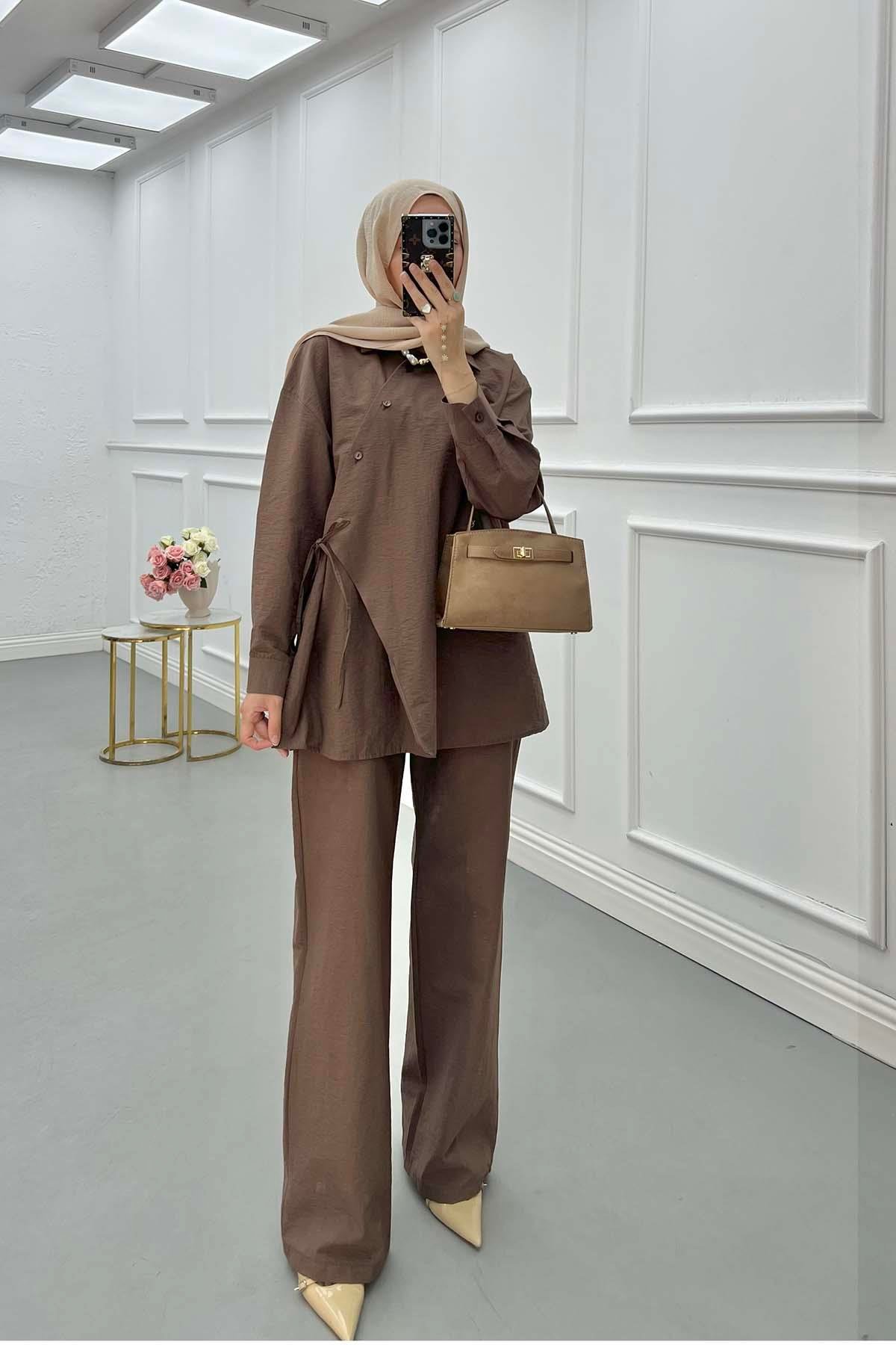 Sare Fashion Asymmetric Cut Waist Tie Suit Brown