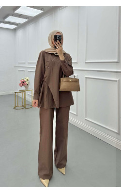 Sare Fashion Asymmetric Cut Waist Tie Suit Brown