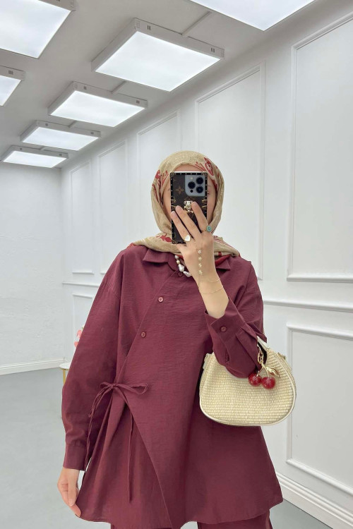 Sare Fashion Asymmetric Cut Waist Tie Suit Claret Red