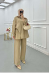 Sare Fashion Asymmetric Cut Waist Tie Suit Camel