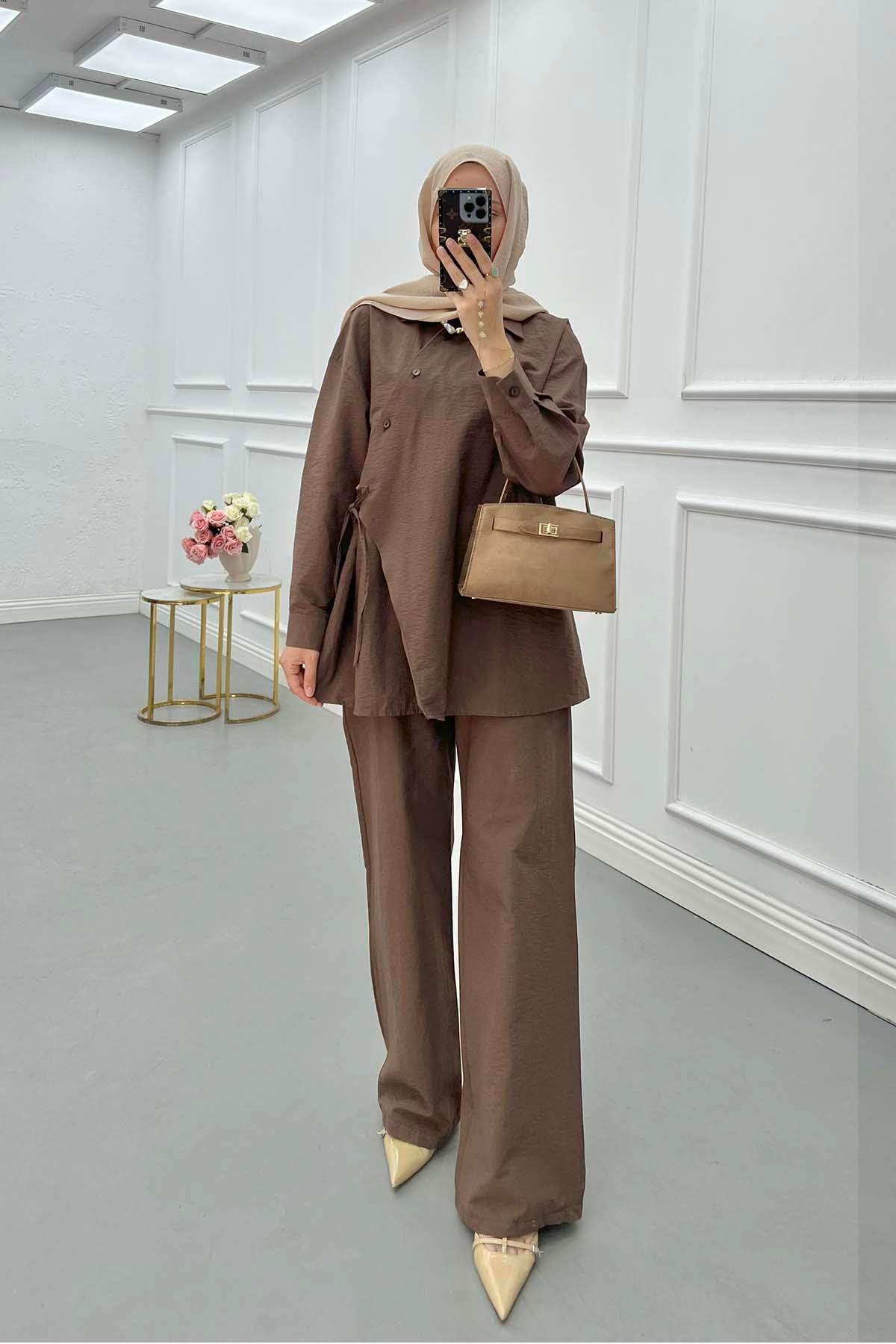 Sare Fashion Asymmetric Cut Waist Tie Suit Brown