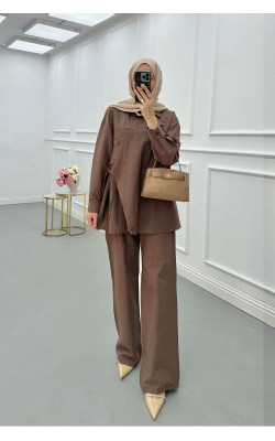Sare Fashion Asymmetric Cut Waist Tie Suit Brown