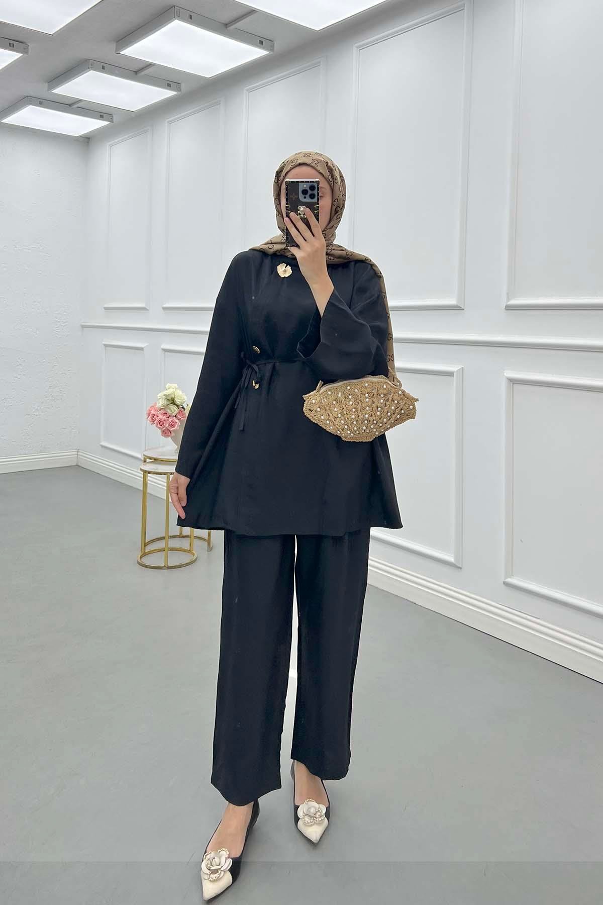 Sare Fashion Asymmetrical Cut Button Detailed Suit Black