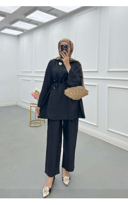 Sare Fashion Asymmetrical Cut Button Detailed Suit Black