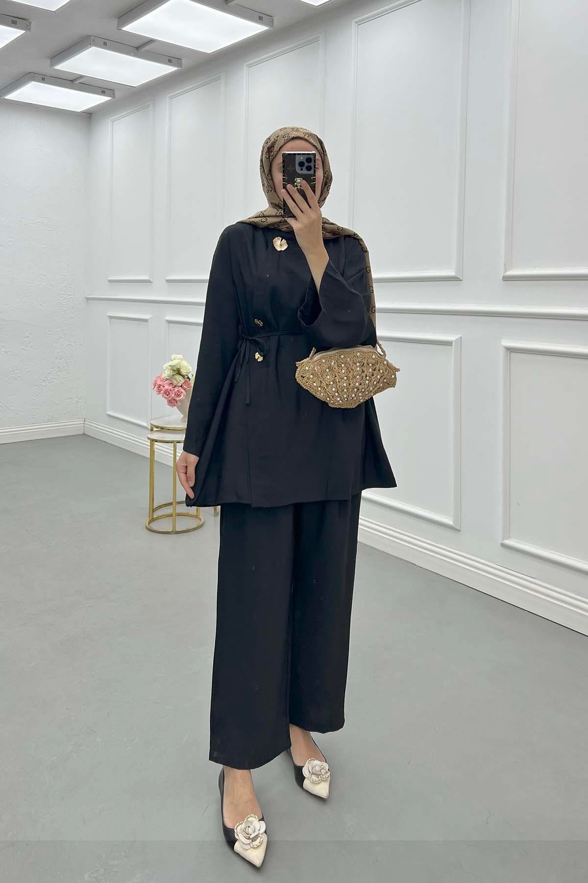 Sare Fashion Asymmetrical Cut Button Detailed Suit Black