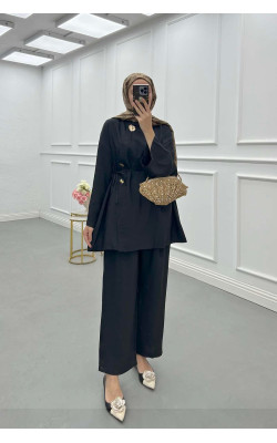 Sare Fashion Asymmetrical Cut Button Detailed Suit Black