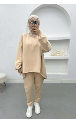 Asymmetrical Cut Three Thread Suit Beige