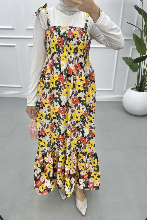 Floral Strapless Dress Beige