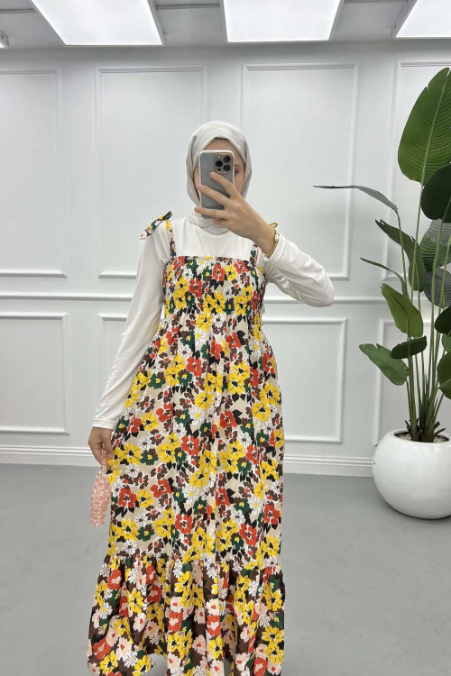 Floral Strapless Dress Beige