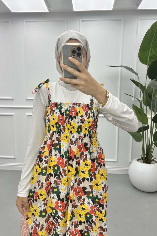 Floral Strapless Dress Beige