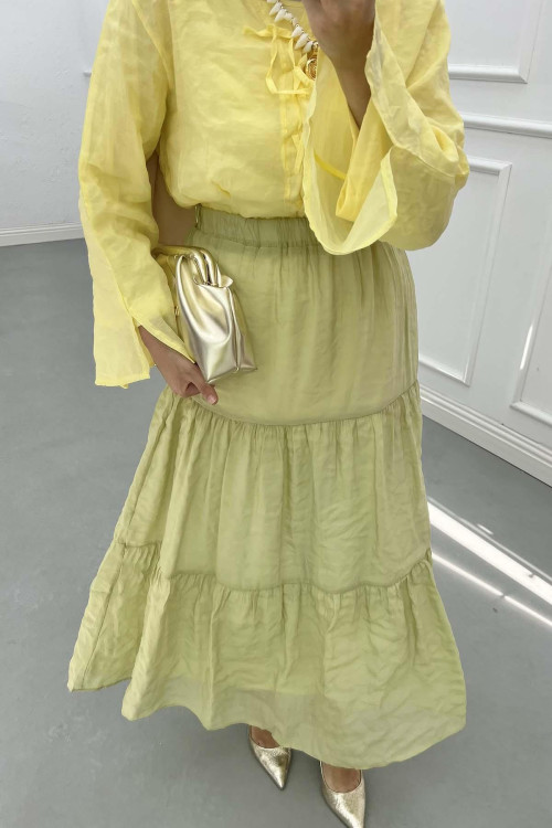 Sare Fashion Lined Elastic Waist Tulle Skirt Oil Green