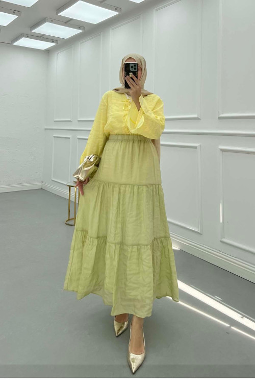 Sare Fashion Lined Elastic Waist Tulle Skirt Oil Green