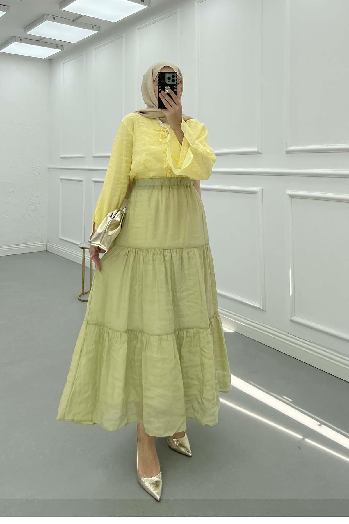 Sare Fashion Lined Elastic Waist Tulle Skirt Oil Green