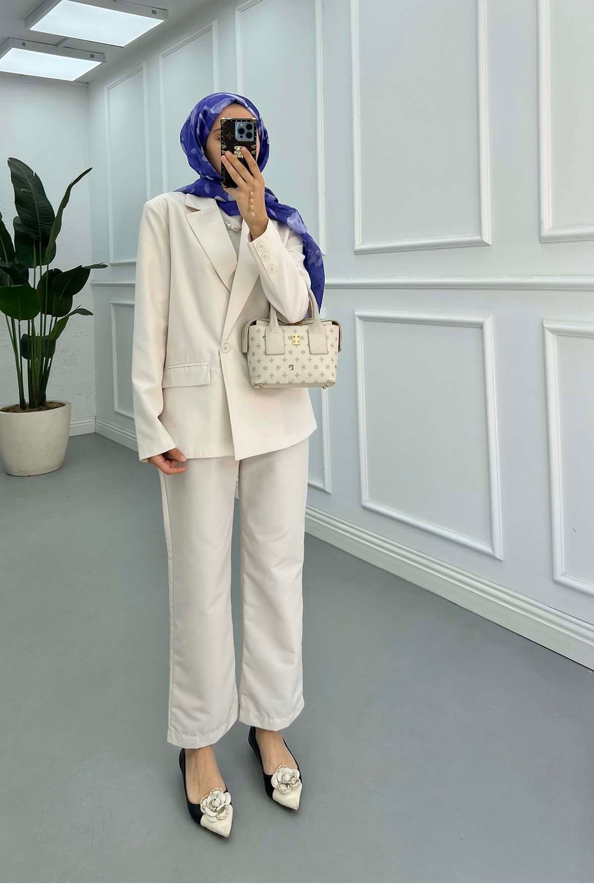 Sare Fashion Lined Jacket Set Beige
