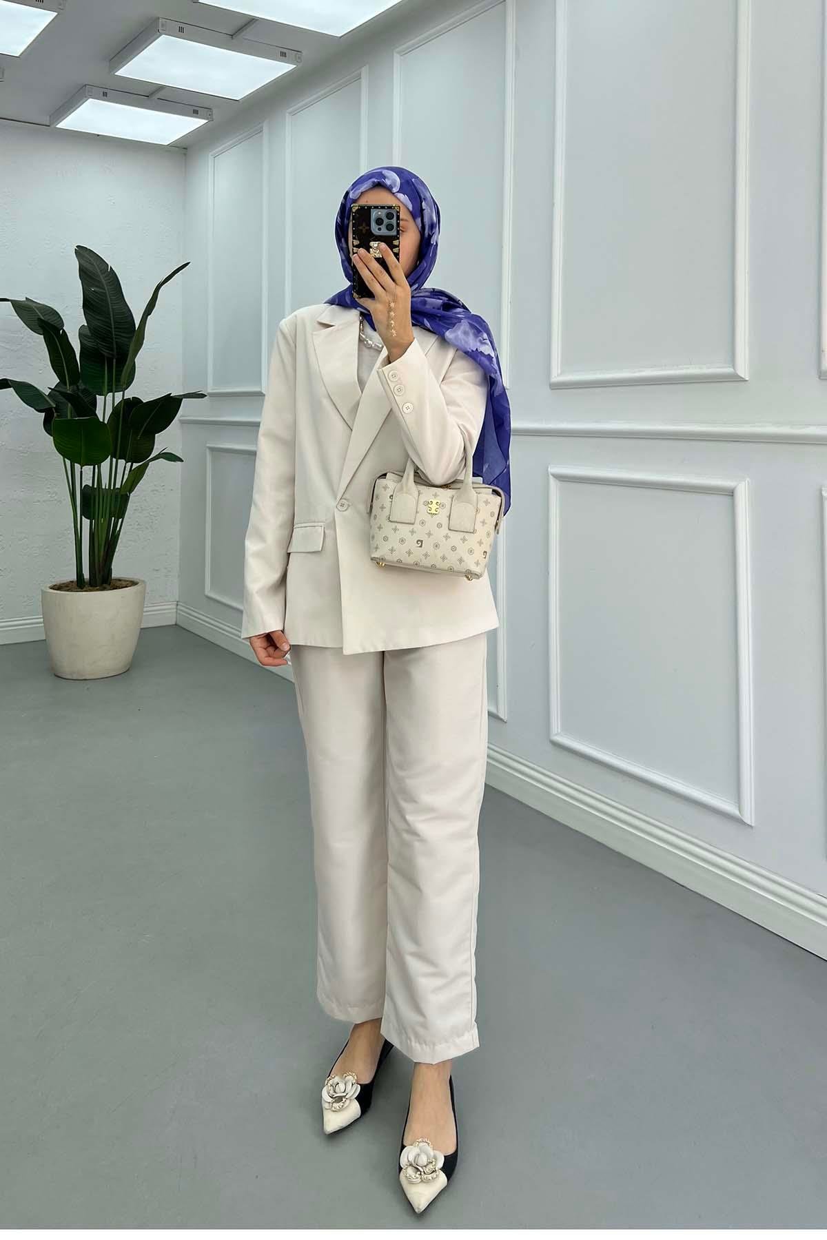 Sare Fashion Lined Jacket Set Beige