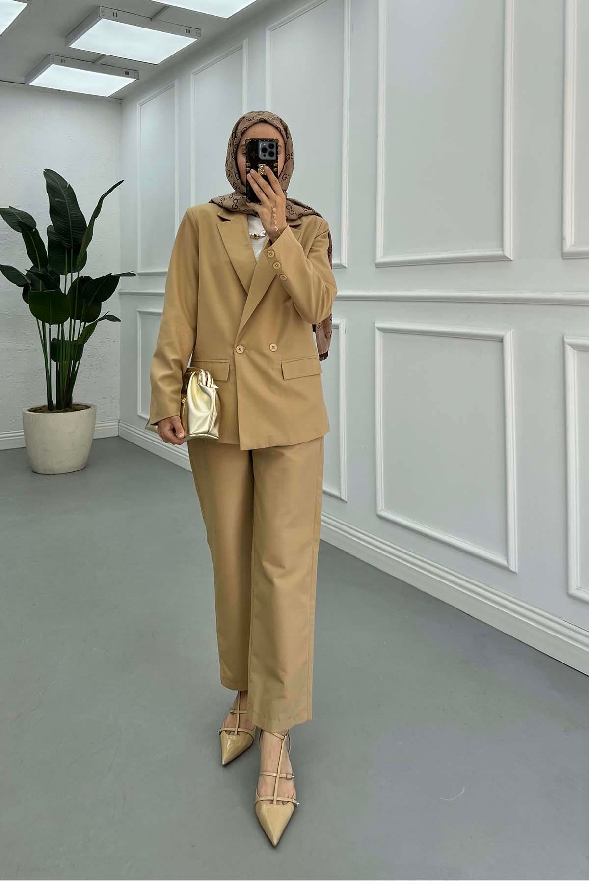 Sare Fashion Lined Jacket Set Camel