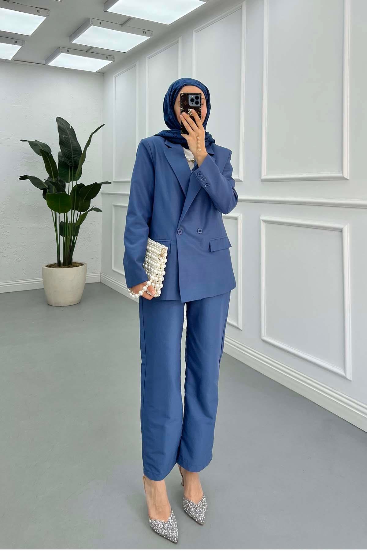 Sare Fashion Lined Jacket Set Indigo