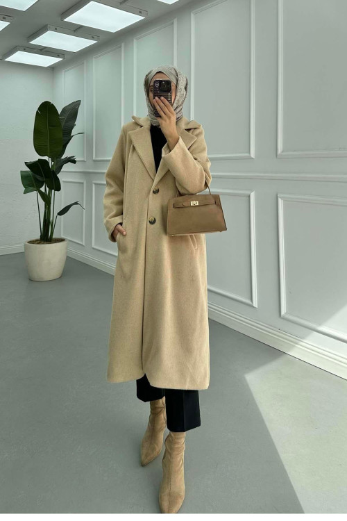 Sare Fashion Lined Cashmere Coat Beige Sare Fashion Lined Cashmere Coat Beige