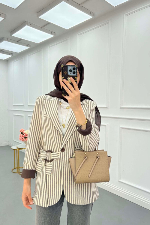 Sare Fashion Lined Belted Linen Jacket Brown