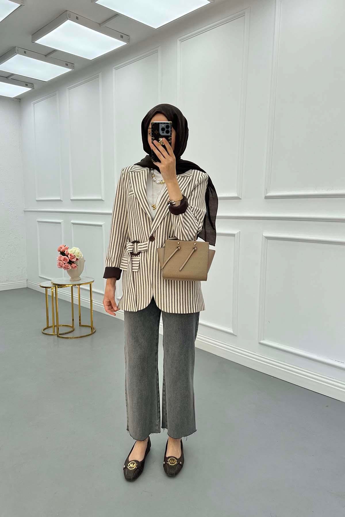 Sare Fashion Lined Belted Linen Jacket Brown