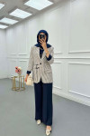 Sare Fashion Lined Belted Linen Jacket Navy Blue