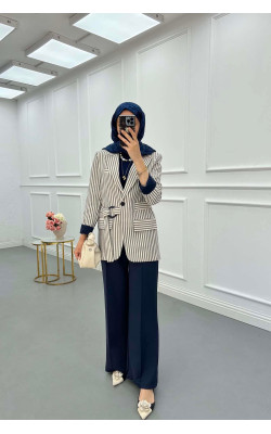 Sare Fashion Lined Belted Linen Jacket Navy Blue