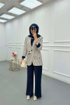 Sare Fashion Lined Belted Linen Jacket Navy Blue
