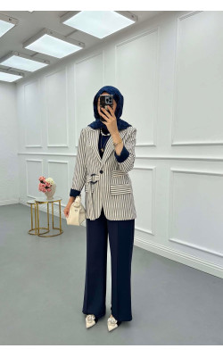 Sare Fashion Lined Belted Linen Jacket Navy Blue
