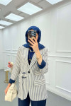 Sare Fashion Lined Belted Linen Jacket Navy Blue