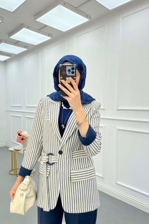 Sare Fashion Lined Belted Linen Jacket Navy Blue