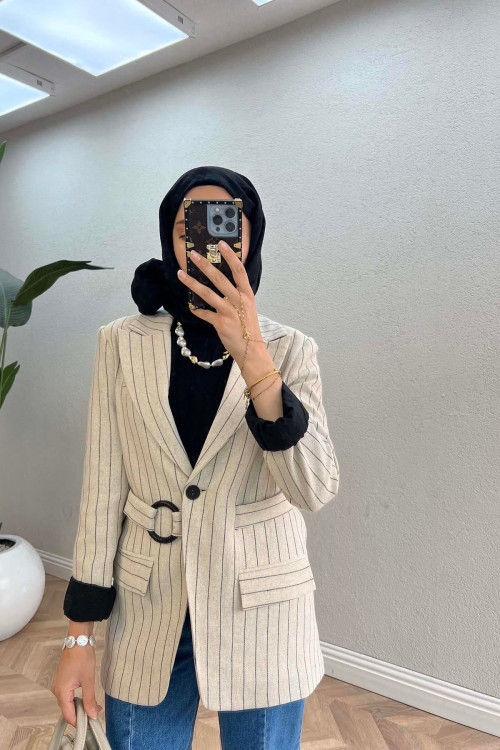 Sare Fashion Lined Belted Linen Jacket Stone