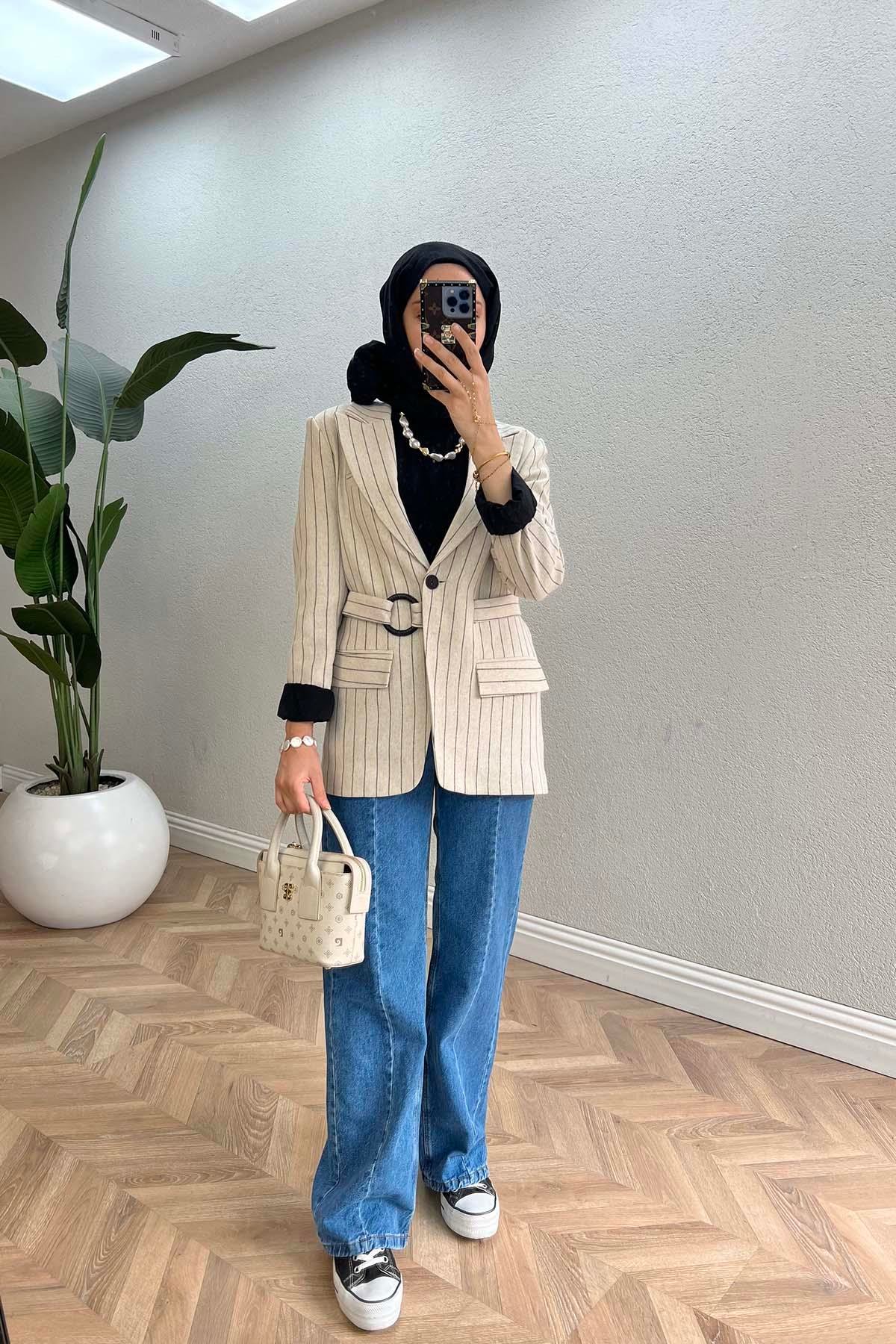 Sare Fashion Lined Belted Linen Jacket Stone