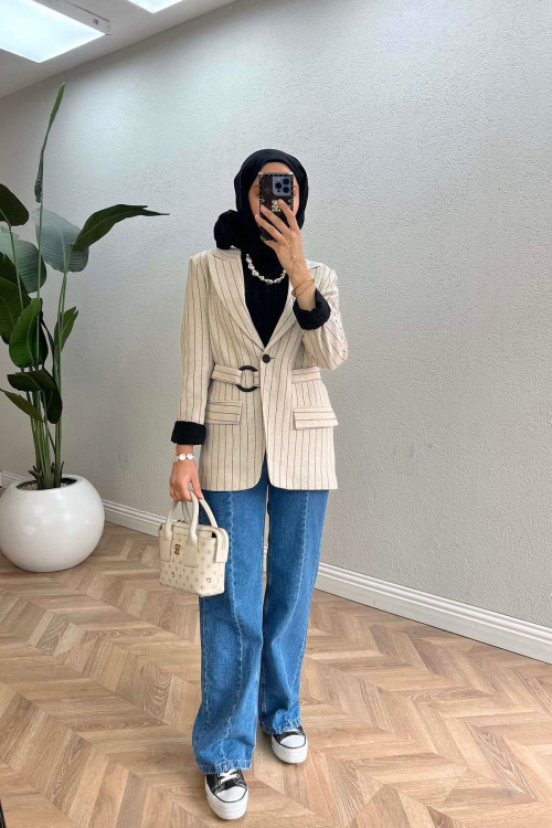 Sare Fashion Lined Belted Linen Jacket Stone