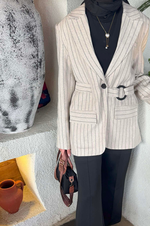 Sare Fashion Lined Belted Linen Jacket Stone - White