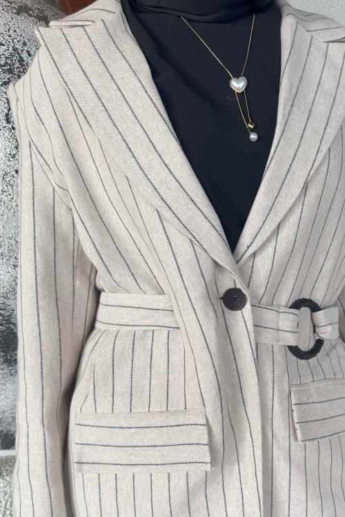 Sare Fashion Lined Belted Linen Jacket Stone - White