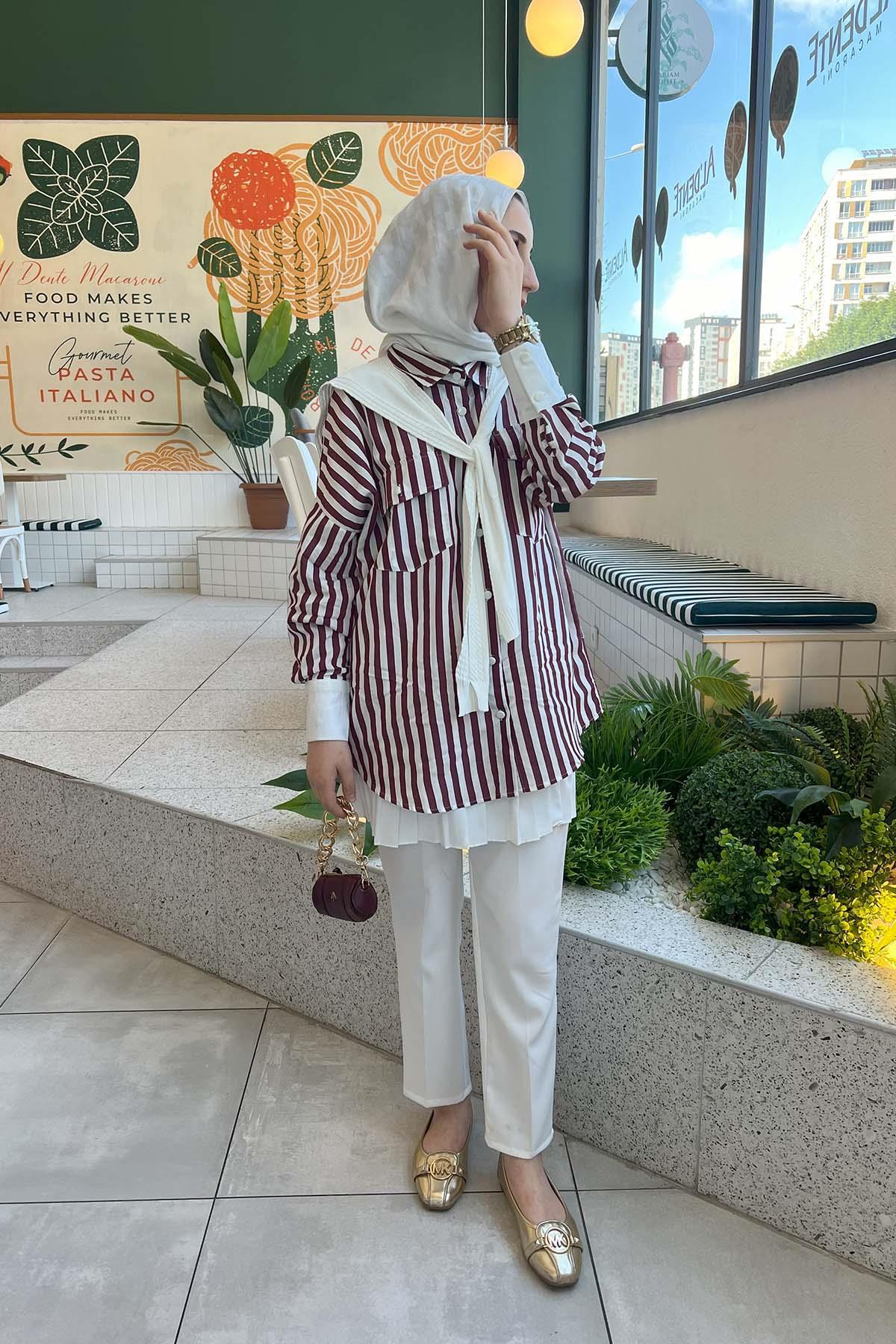 Sare Fashion Striped Pattern Shirt with Scarf, Claret Red