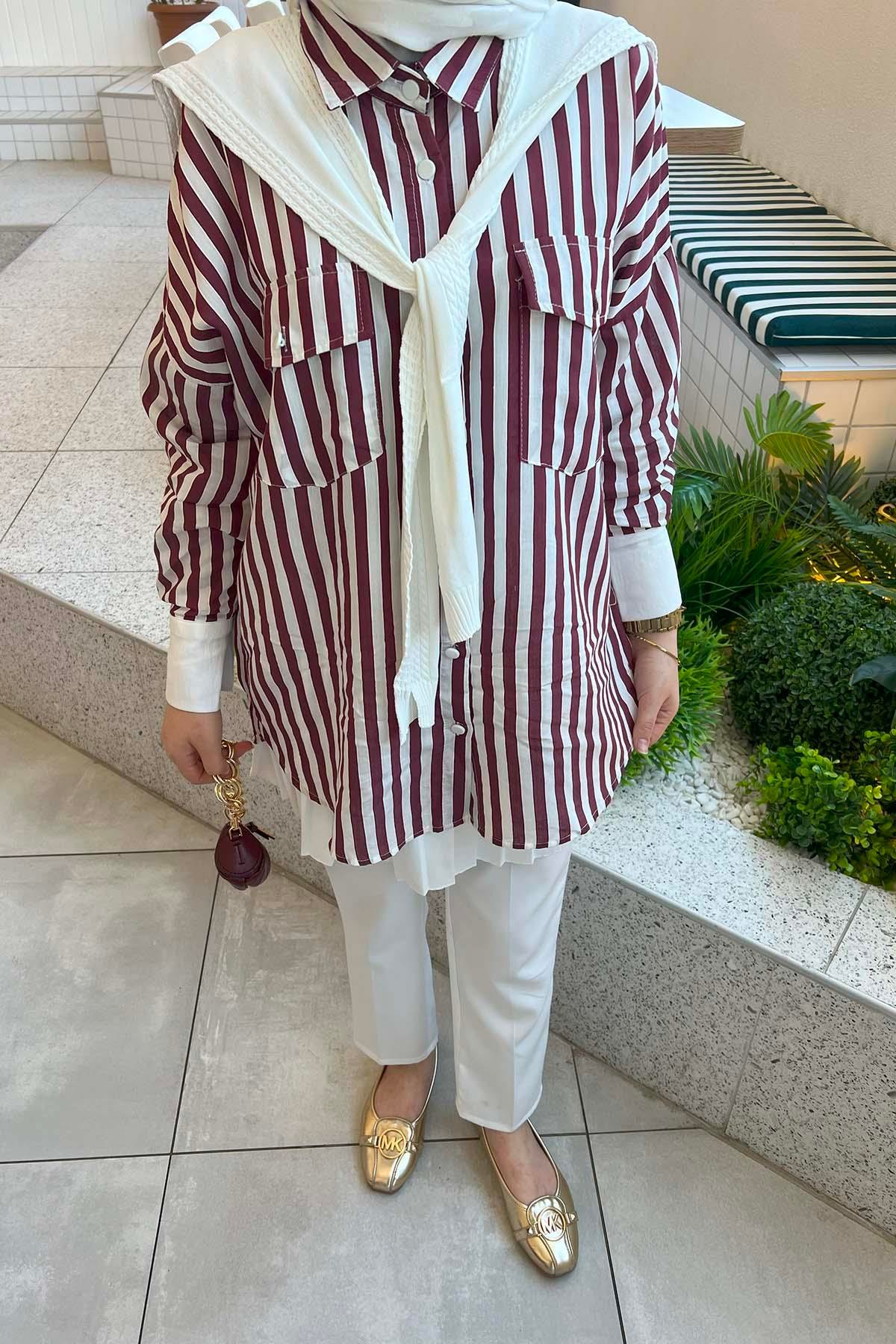 Sare Fashion Striped Pattern Shirt with Scarf, Claret Red