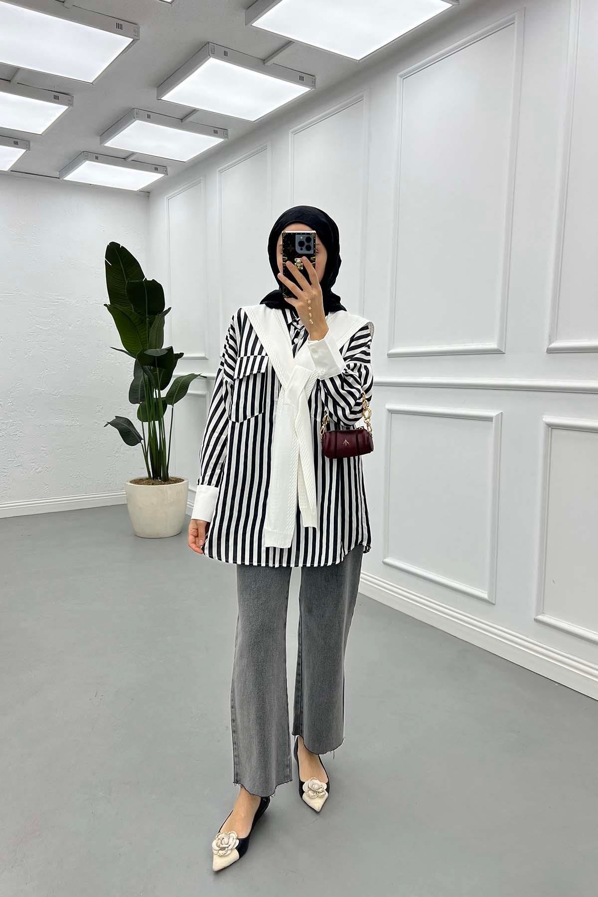 Sare Fashion Striped Pattern Shirt with Scarf Black